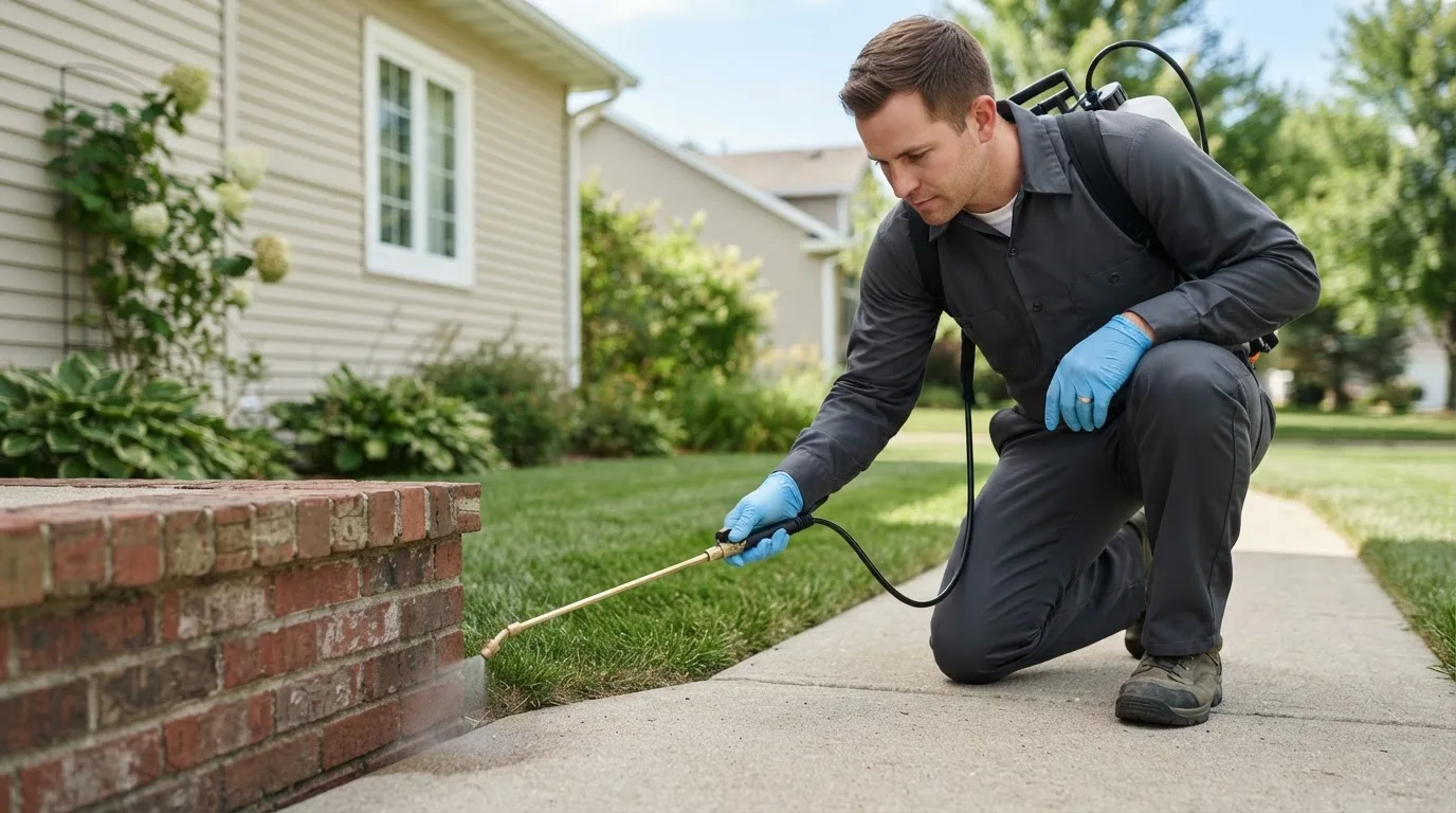 Pest control technician treating a home near Aurora, OH